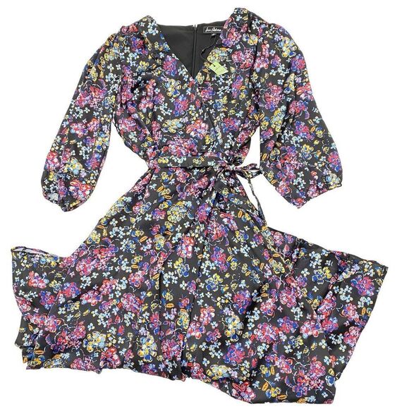 New SAM EDELMAN Black Mixed Floral Tiered Ruffle Wrap Maxi Dress Women's Sz 10 - Picture 1 of 12